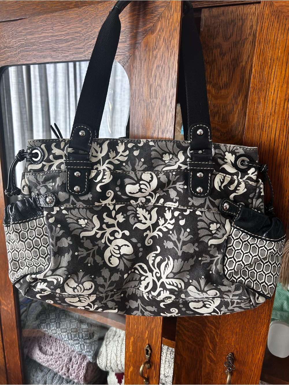 Fossil Signature Canvas Shoulder Bag with Black Genuine Leather Accents